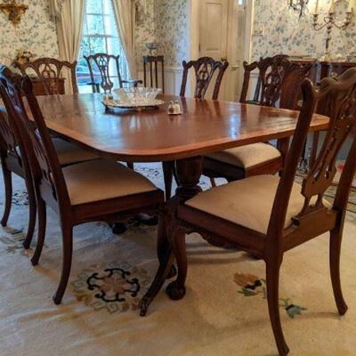 Dining Table & Chairs - table, mahogany, banded top, double pedestal base/ brass claw feet, single leaf/ attached pedestal base, 48