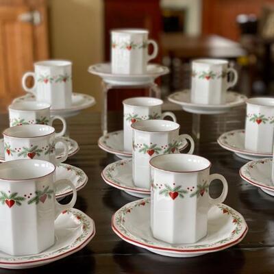 Set of 13 Porsgrund Multi-Sided Teacups and Saucers and one salad plate and one bread plate. All in very good condition. 