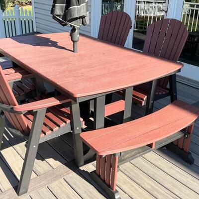 Very Nice! Poly Lumber Patio Table, four chairs and two benches set! Purchased at Plants and Things in Ramsey. 

Made from maintenance...