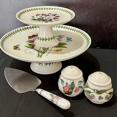 Two Botanical Gardens Pedestal Serving Dishes, Pie Server and Salt and Pepper Shakers Set all in very good condition