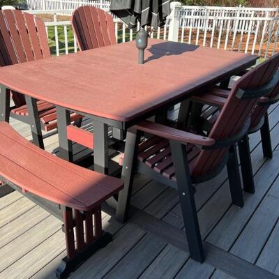 Very Nice! Poly Lumber Patio Table, four chairs and two benches set! Purchased at Plants and Things in Ramsey. 

Made from maintenance...