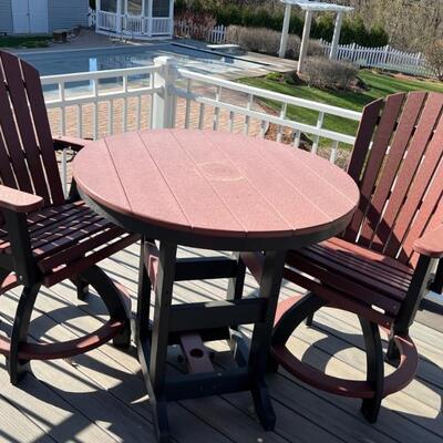 Very nice poly lumber high top patio table and two chairs in very good condition. Purchased at Plants and Things in Ramsey. 

Made from...
