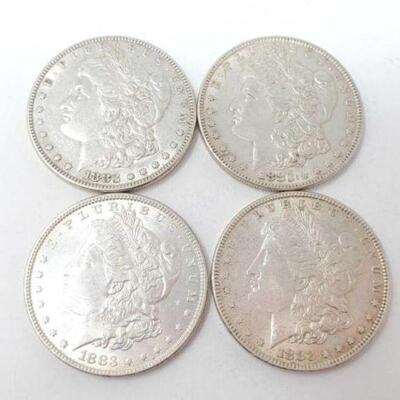 #1262 â€¢ (4) 1883 Morgan Silver Dollars, 107g. Weighs Approx: 107g Philadelphia Mints. 