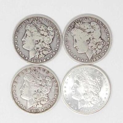 #1311 â€¢ (4) 1901 & 1902 Morgan Silver Dollars, 105.9g. Weighs Approx: 105.9g Includes (3) 1901 & (1) 1902 Morgan Silver Dollars New...
