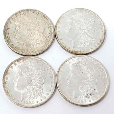 #1347 â€¢ (4) 1881-1888 Morgan Silver Dollars. (1) 1881 San Francisco, (1) 1888 Philadelphia, (1) 1885 New Orleans and (1) 1887...