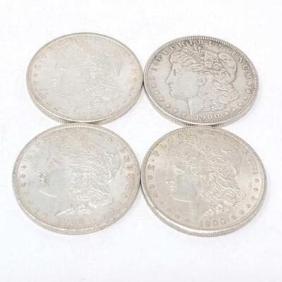 #1328 â€¢ (4) 1900 Morgan Silver Dollars, 107.1g. Weighs Approx: 107.1g Philadelphia Mints.