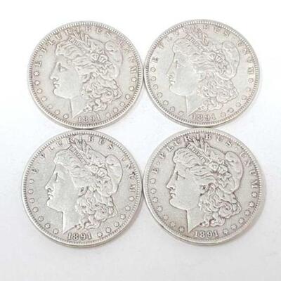 #1303 â€¢ (4) 1891 Morgan Silver Dollars, 106.9g. Weighs Approx: 106.9g Philadelphia Mints.