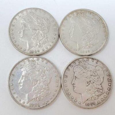 #1256 â€¢ (4) 1889 Morgan Silver Dollars, 106.9g. Weighs Approx: 106.9g Philadelphia Mints/.