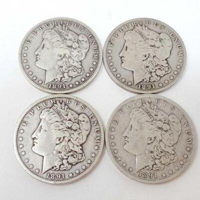 #1251 â€¢ (4) 1891 Morgan Silver Dollars, 105.4g. Weigh Approx: 105.4g (2) San Francisco Mints, (1) Philadelphia Mint, and (1) New...