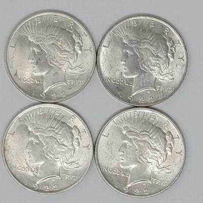 #1551 â€¢ (4) 1922 Silver Peace Dollar, 107.2g. . Weighs Approx: 107.2g Philadelphia Mints. 