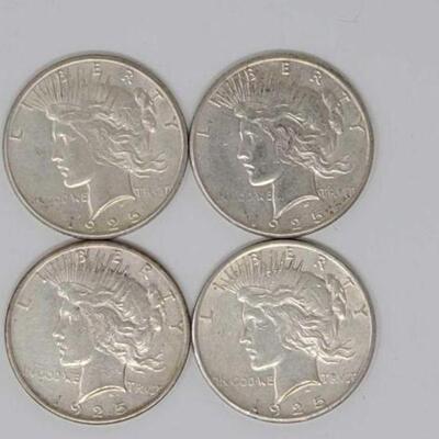 #1540 â€¢ (4) 1925 Silver Peace Dollars, 107.1g.Weighs Approx: 107.1g San Francisco Mints. 
