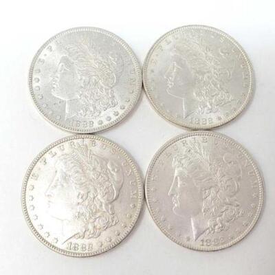 #1247 â€¢ (4) 1882 Morgan Silver Dollars, 107g. Weighs Approx: 107g Philadelphia Mints.