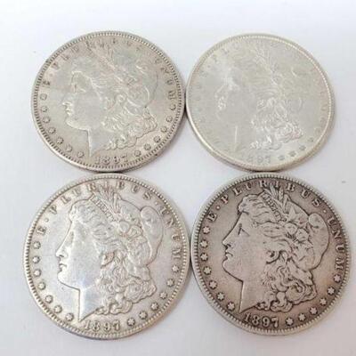 #1232 â€¢ (4) 1897 Morgan Silver Dollars, 106.7g. Weighs Approx: 106.7g San Francisco Mints