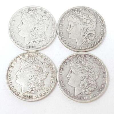 #1304 â€¢ (4) 1891 Morgan Silver Dollars, 106.3g. Weighs Approx: 106.3g New Orleans Mints. 