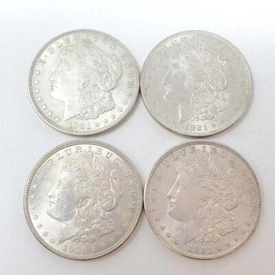 252 â€¢ (4) 1921 Morgan Silver Dollars, 107.1g. Weighs Approx: 107.1g Philadelphia Mints.