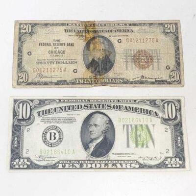 #1814 â€¢ $20 National Currency Bill and $10 Federal Reserve Note