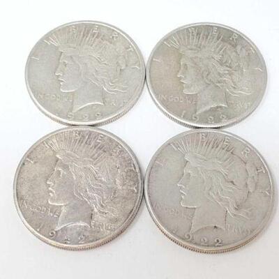 #1550 â€¢ (4) 1922 Silver Peace Dollars, 107.1g.Weighs Approx: 107.1g.
.  