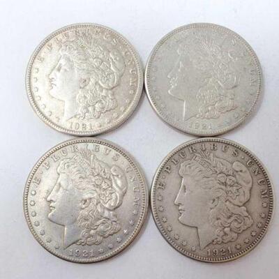#1268 â€¢ (4) 1921 Morgan Silver Dollars, 107.1g.Weighs Approx: 107.1g San Francisco Mints.