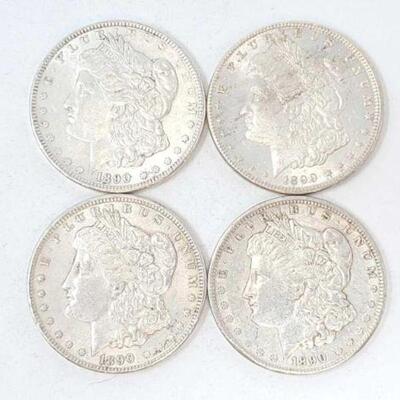#1345 â€¢ (4) 1890 Morgan Silver Dollars, 107.2g. Weighs Approx: 107.2g Philadelphia Mints. 