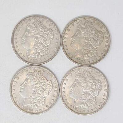 #1280 â€¢ (4) 1903 Morgan Silver Dollars, 107.1g. Weighs Approx: 107.1g Philadelphia Mints.