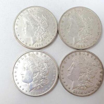 #1271 â€¢ (4) Morgan Silver Dollars, 106.9g. Weighs Approx: 106.9g (1) 1889 Philadelphia Mint and (3) 1896 Philadelphia Mints