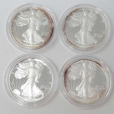 #1411 â€¢ (4) 1986 1oz American Eagle .999 Fine Silver Dollars.  San Francisco Mints. 
