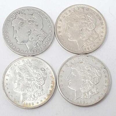 #1354 â€¢ (4) 1888-1921 Morgan Silver Dollars. Includes: (2) 1921 (1) Philadelphia Mint and (1) San Francisco Mints (1) 1901, New Orleans...