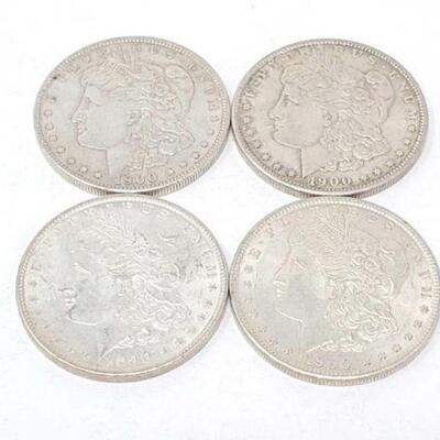 #1330 â€¢ (4) 1900 Morgan Silver Dollars, 107.1g. Weighs Approx: 107.1g Philadelphia Mints. Weighs Approx: 107.1g Philadelphia Mints. 