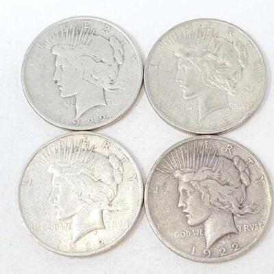 #1520 â€¢ (4) 1922 Silver Peace Dollars, 106.2g. Weighs Approx: 106.2g Denver Mints.