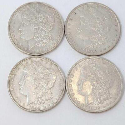 #1309 â€¢ (4) 1902 Morgan Silver Dollars, 107g. Weighs Approx: 107g Philadelphia Mints. 