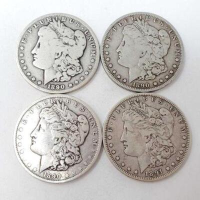 #1274 â€¢ (4) Morgan Silver Dollars, 105.3g. Weighs Approx: 105.3g (3) 1890 New Orleans Mints and (1) 1891 New Orleans Mint. 
