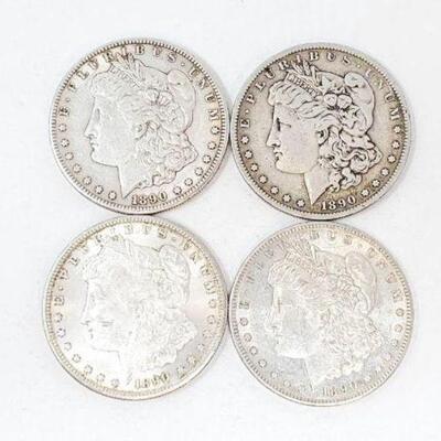 #1343 â€¢ (4) 1890 Morgan Silver Dollars, 106.6g.  Weighs Approx: 106.6g San Francisco Mints. 