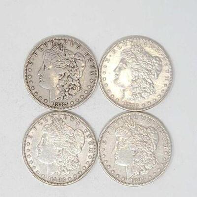 #1279 â€¢ (4) 1883 Morgan Silver Dollars, 106.6g. . Weighs Approx: 106.6g Philadelphia Mints.
