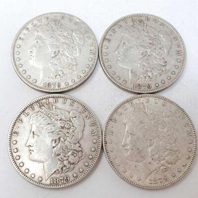 #1275 â€¢ (4) 1879 Morgan Silver Dollars, 106.8g. Weighs Approx: 106.8g (3) Philadelphia Mints and (1) New Orleans Mint