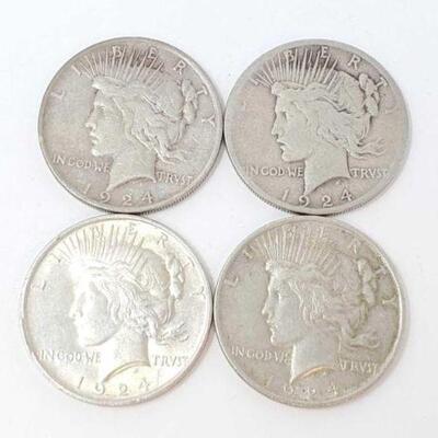 #1526 â€¢ (4) 1924 Silver Peace Dollars, 106.7g. Weighs Approx: 106.7g Philadelphia Mints. 