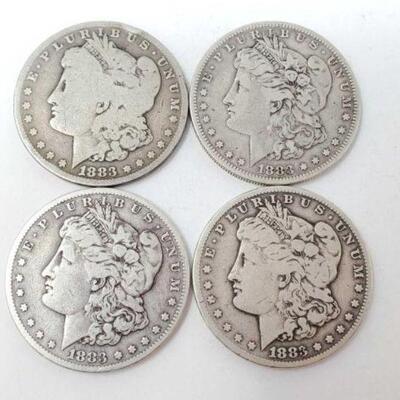 #1261 â€¢ (4) 1883 Morgan Silver Dollars, 103.8g. Weighs Approx: 103.8g (3) San Francisco Mints and (1) Philadelphia Mint. 