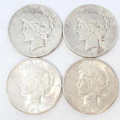 #1508 â€¢ (4) 1926 Silver Peace Dollars, 107g. Weighs Approx: 107g San Francisco Mints. 