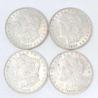 #1346 â€¢ (4) 1890 Morgan Silver Dollars, 107g.. Weighs Approx: 107g Philadelphia Mints. 