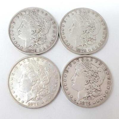  #1260 â€¢ (4) 1879 Morgan Silver Dollars, 106.9g. Weighs Approx: 106.9g Philadelphia Mints.