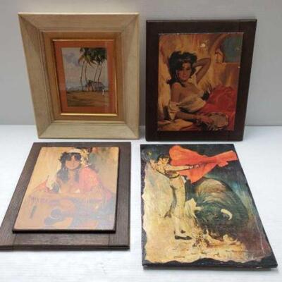#2112 â€¢ 4 Vintage Framed Artworks.. Includes Rico Tomaso Matador Bullfight, Woman with Tambourine and Women with Guitar and Reynaldo...