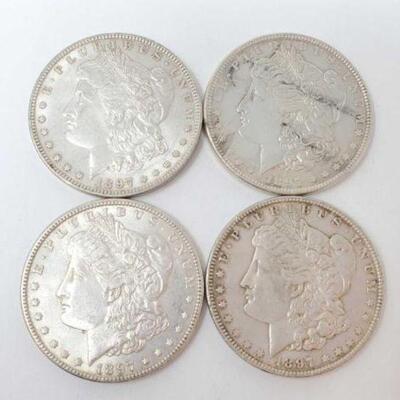 #1237 â€¢ (4) 1887 Morgan Silver Dollars, 107.2g. Weighs Approx: 107.2g Philadelphia Mints