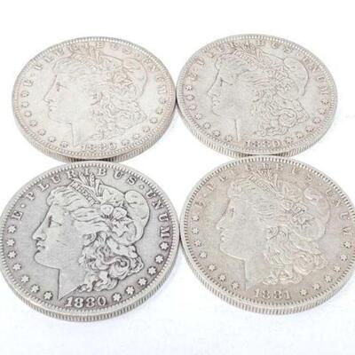 #1336 â€¢ (4) 1880-1881 Morgan Silver Dollars, 106.2g. Weighs Approx: 106.2g Includes (3) 1880 & (1) 1881 Morgan Silver Dollars New...
