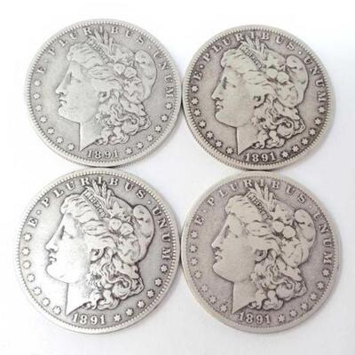 #1245 â€¢ (4) 1891 Morgan Silver Dollars. Weighs Approx: 103.2g New Orleans Mints.