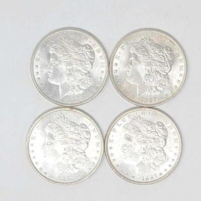 #1317 â€¢ (4) 1887 Morgan Silver Dollars, 107.2g. Weighs Approx: 107.2g Philadelphia Mints.