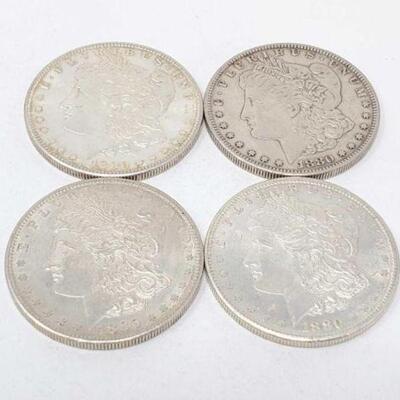 #1331 â€¢ (4) 1880 Morgan Silver Dollars, 106.9g. Weighs Approx: 106.9g San Francisco Mints. 