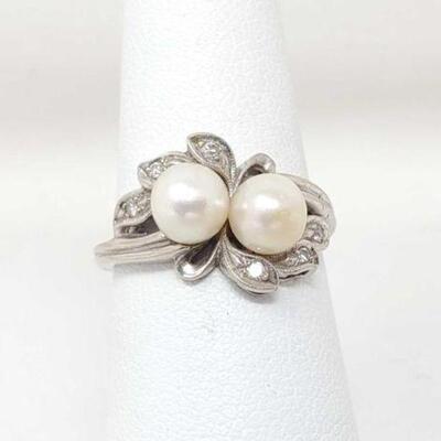 #856 • 14k White Gold Double Pearl Ring with Diamond Accents, 3.6g