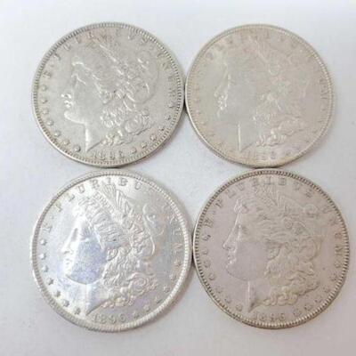 #1265 â€¢ (4) 1896 Morgan Silver Dollars, 107g. Weighs Approx: 107g Philadelphia Mints. Weighs Approx: 107g Philadelphia Mints.