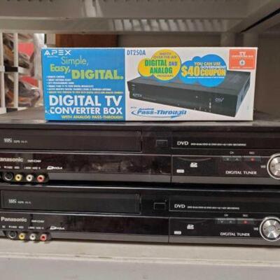 #2034 â€¢ 2 Panasonic VHS/DVD Hi-Fi Stereo and New Converter Box. Both Panasonic DMR-EZ48V and Apex Digital TV Converter Box. 