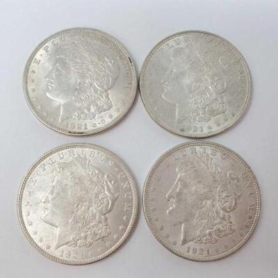 #1233 â€¢ (4) 1921 Morgan Silver Dollars, 107g.  Weighs Approx: 107g Philadelphia Mints
