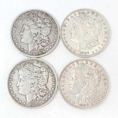 #1344 â€¢ (4) 1890 Morgan Silver Dollars, 106.3g. Weighs Approx: 106.3g New Orleans Mints